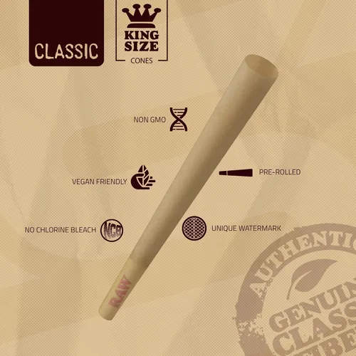Vista 3 de RAW Cones Classic King Size – Paquete de 100 – Papel preenrollado de combustión lenta con puntas y tubos de embalaje incluidos