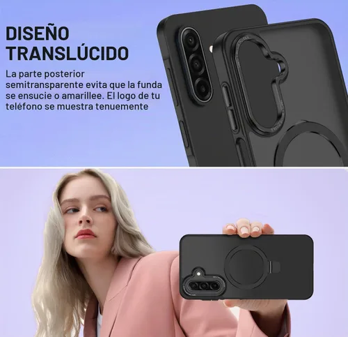 Vista 9 de Funda para Galaxy A17 5G, compatible con MagSafe, soporte magnético invisible para anillo de soporte, delgada, a prueba de golpes, translúcida Negro
