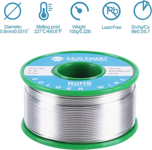 Vista 2 de SainSmart Alambre de soldadura sin plomo de 3.53 oz 0.031 in con Rosin2 Sn97 Cu0.7 Ag0.3, soldadura de alambre de estaño para soldadura eléctrica