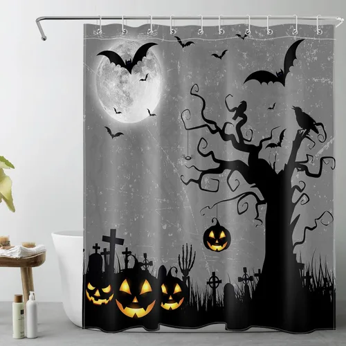 Vista 16 de EOBTAIN Cortina de ducha de cielo nocturno azul de Halloween para baño, espeluznante calabaza y murciélago en árbol muerto en cementerio aterrador