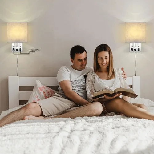Vista 3 de CADUKE Juego de 2 lámparas de pared de noche, lámpara de pared enchufable con puertos de carga USB y toma de corriente alterna, apliques de pared