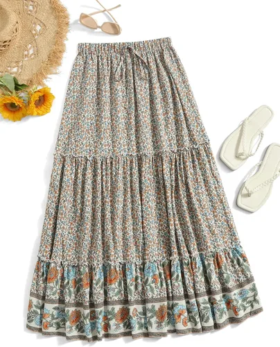 Vista 38 de Milumia Women Boho Vintage Floral Print Long Skirt Summer Tiered Maxi Skirt