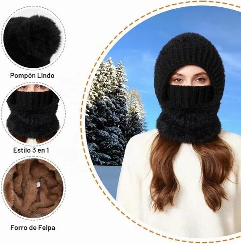 Vista 3 de Pasamontañas de una pieza para mujer, gorro de cráneo, bufanda para el cuello, bufanda de esquí, nieve, invierno, gorro de forro polar de punto
