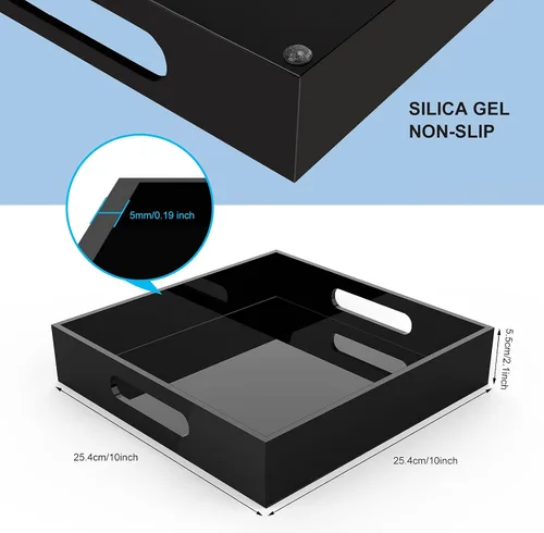 Vista 7 de Bandeja de acrílico para servir con asas, mesa auxiliar negra de 10 pulgadas, tocador Organizador decorativo elegante y duradero para comer