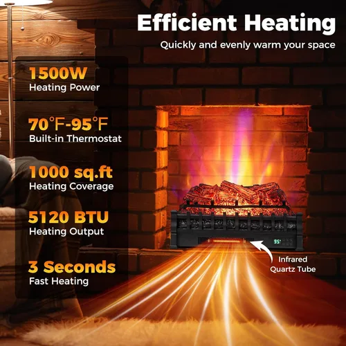 Vista 6 de ORALNER - Juego de troncos para chimenea eléctrica WiFi de 26 pulgadas, calentador de cuarzo infrarrojo con sonido crepitante, control remoto