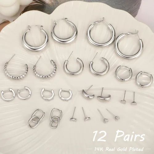 Vista 6 de Juego de 12 pares de aretes de aro de oro para mujer, chapados en oro de 14 quilates, ligeros, trenzados, gruesos, paquete para regalo