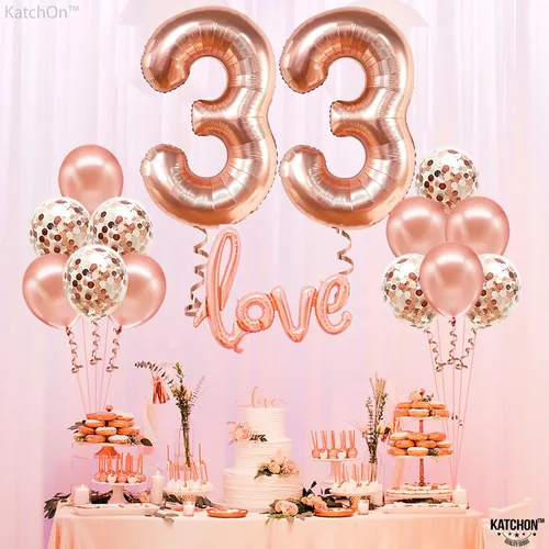Vista 8 de KatchOn, Globos de oro rosa con el número 33, 40 pulgadas, decoraciones de cumpleaños número 33 para mujer, globo de cumpleaños 33 con globos