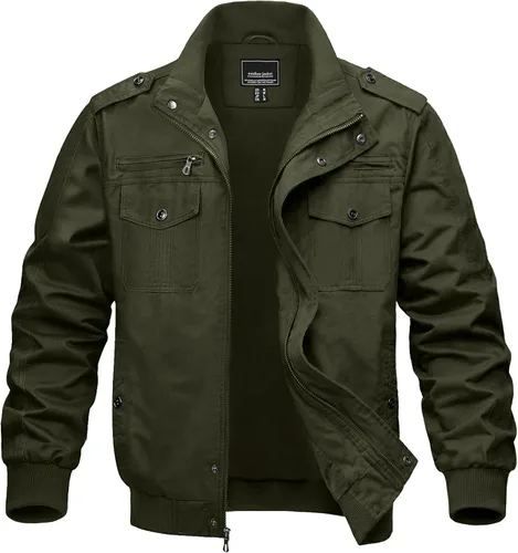 Vista 10 de MAGNIVIT Chaqueta cortavientos militar ligera para hombre con cuello parado, cierre frontal, 7 bolsillos - Algodón Negro