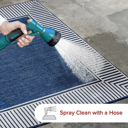 Vista 8 de nuLOOM Tapete de área para exteriores, diseño informal con borde a rayas, resistente a las manchas, altamente duradero, para patio, balcón, Azul