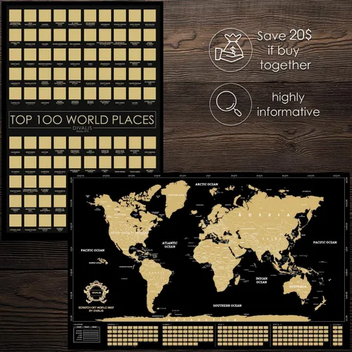 Vista 6 de Set de regalo grande 2 en 1 – Mapa del mundo para raspar y póster para raspar los 100 mejores lugares para visitar en el mundo – Mapa de los mejores
