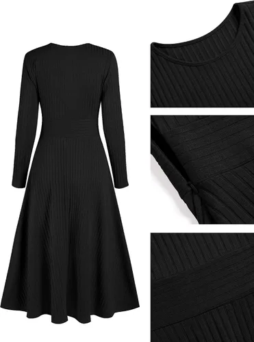 Vista 7 de ZAFUL Vestido largo casual de manga larga para mujer, de punto acanalado, cuello redondo, cintura alta, acampanado, color sólido, vestido midi