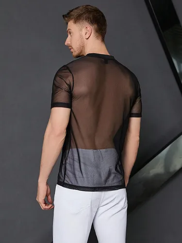 Vista 2 de WDIRARA Camiseta de malla de manga corta con cuello redondo y estampado floral para hombre