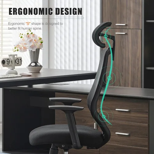 Vista 5 de Okeysen Silla de oficina ergonómica de malla, silla giratoria de computadora con respaldo alto con reposacabezas ajustable 2D, soporte lumbar