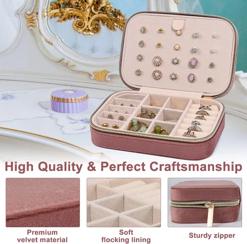 Vista 4 de Dajasan Joyero de terciopelo, pequeño estuche de joyería de viaje, organizador de joyas portátil de viaje para mujeres y niñas (rosa)