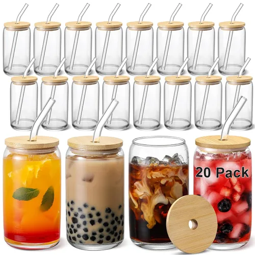 Vista 8 de [Juego de 12 piezas] Vasos de vidrio con tapas de bambú y popote de vidrio, vasos para beber en forma de cerveza, vasos de café helado de 16 onzas