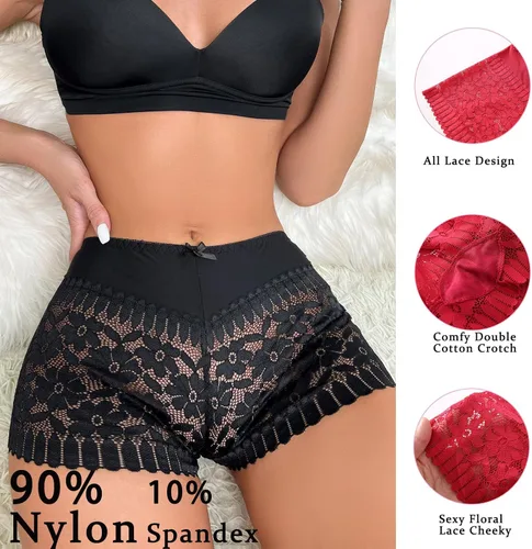 Vista 4 de Pantalones cortos de encaje para mujer, transpirables, cómodos, de cintura alta, elásticos, calzones de malla de encaje para mujer