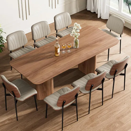Vista 53 de Juego de 2 sillas de comedor, modernas sillas tapizadas de piel sintética de mediados de siglo con respaldo de nogal y patas de metal, pies