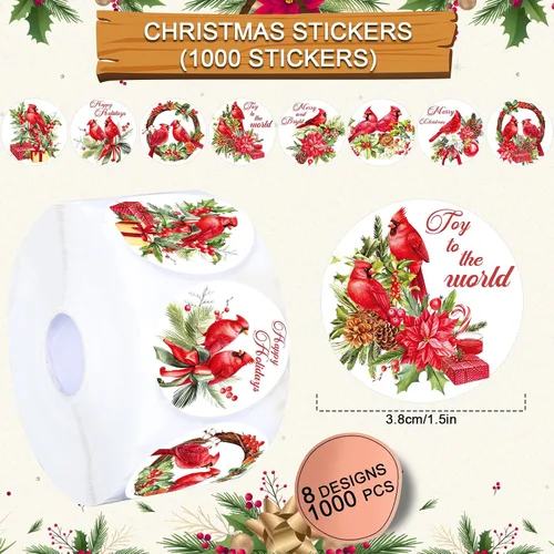 Vista 2 de Whaline 1000 calcomanías de Feliz Navidad, 8 diseños, calcomanías de pájaro rojo cardenal, calcomanías decorativas de Navidad, calcomanías