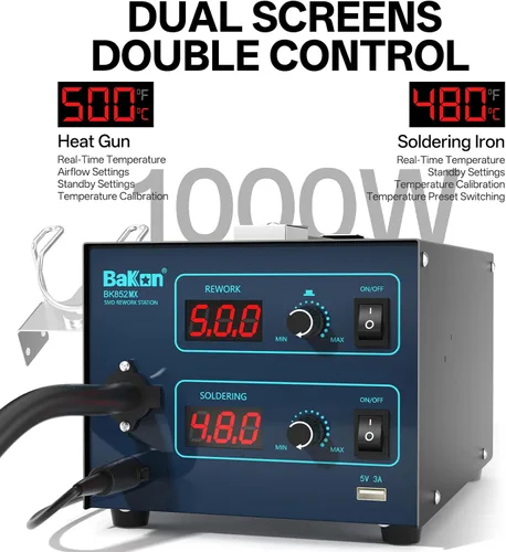 Vista 2 de BAKON 852MX C210 - Estación de retrabajo de aire caliente de 1000 W, diseño ultra silencioso, pantalla digital, control preciso de temperatura