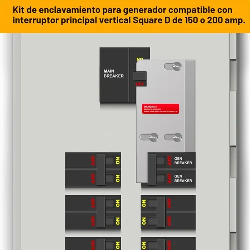 Vista 2 de Kit de bloqueo de generador compatible con interruptor principal vertical cuadrado D de 150 o 200 amperios, espaciado de 3 1/4 a 4 pulgadas entre