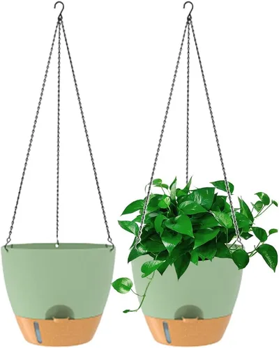 Vista 13 de Paquete de 2 macetas colgantes, macetas colgantes de riego automático de 10 pulgadas para plantas de interior y exterior, cesta colgante para negro