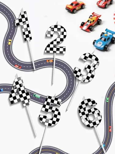 Vista 6 de Velas de cumpleaños de autos de carreras número 1, velas de cumpleaños a cuadros negros y blancos de 2.68 pulgadas, velas con números con temática