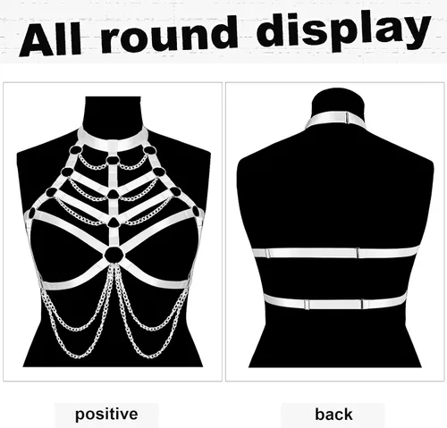 Vista 4 de Brasier de arnés corporal para mujer, talla grande, hueco punk, con cadena de metal, gótico, Navidad, carnaval, Halloween, baile