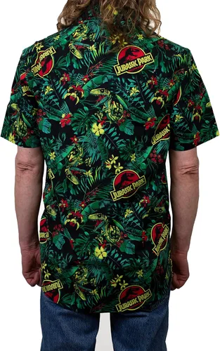Vista 2 de Jurassic Park Camisa abotonada para hombre, Negro "Tropical Raptor