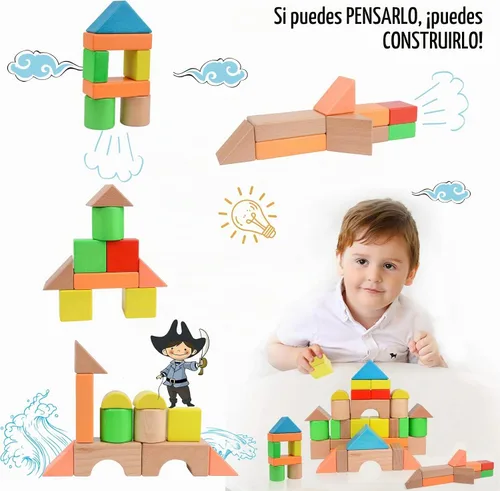Vista 3 de Migargle Juego de bloques de construcción de madera grande - Juguetes educativos de aprendizaje preescolar con bolsa de transporte, bloques