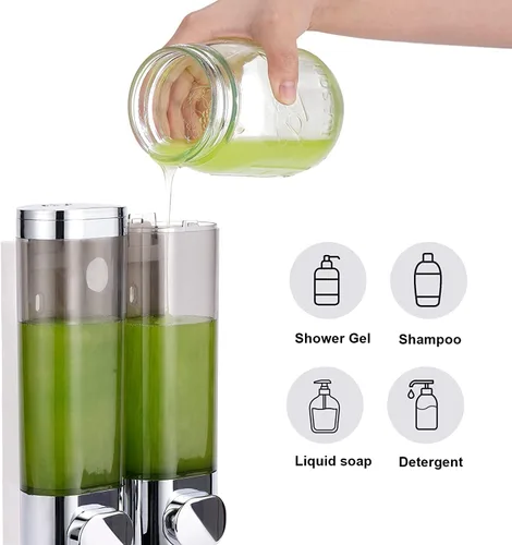 Vista 2 de Dispensador de jabón montado en la pared para baño, 2 cámaras, dispensador de jabón de ducha de 20.3 fl oz, dispensador de jabón corporal