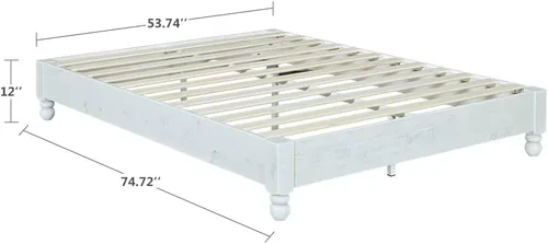 Vista 2 de MUSEHOMEINC Base de cama de plataforma de madera maciza, estilo rústico, base de colchón (no necesita somier), acabado blanco lavado