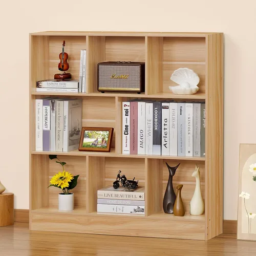 Vista 15 de LEYAOYAO Estantería moderna de 5 cubos de madera marrón de mediados de siglo, estante organizador de almacenamiento de 3 niveles, gabinete