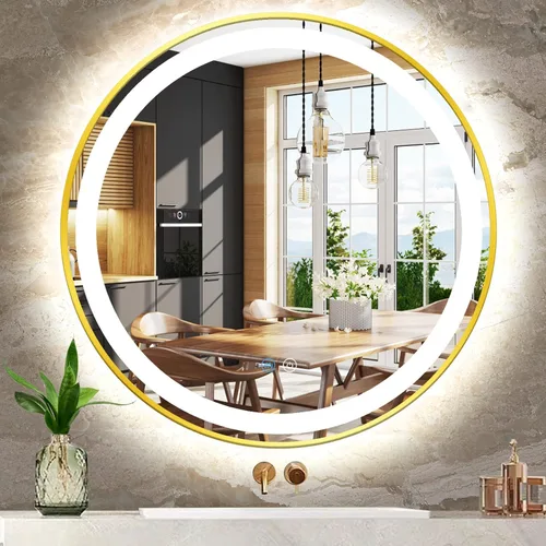 Vista 13 de Espejo de tocador redondo dorado con luces, luz frontal regulable de 3 colores, marco dorado de 16 pulgadas, espejo redondo iluminado para baño
