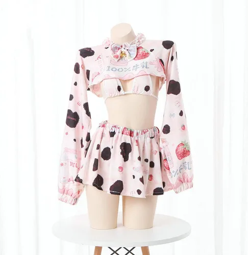 Vista 6 de Disfraz sexy de anime para mujer, Lolita Kawaii Milk Cow Juego de rol, falda de lencería traviesa traje de criada