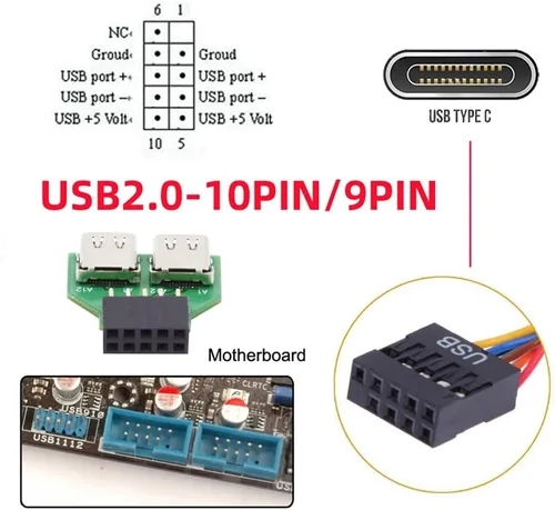 Vista 7 de Puertos duales USB 3.1 tipo C USB-C hembra a USB 2.0 placa madre 9pin 10pin adaptador de cabecera PCBA 480Mbps