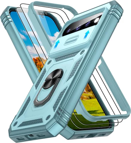 Vista 215 de Gritup Funda para Google Pixel 6 con cubierta deslizante para cámara y protector de pantalla (2 unidades), soporte de anillo giratorio 360°, funda