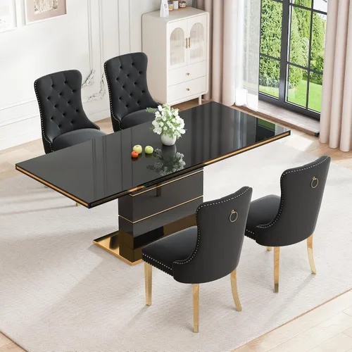 Vista 8 de Mesa de comedor moderna negra para 6 personas, mesa de cocina rectangular de 63 pulgadas con acabado lacado dorado y base de pedestal de acero