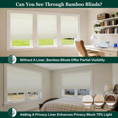 Vista 4 de Bamboo Cordless Roman Shades, Blackout Bamboo Blinds for Windows Block UV Rays, Ceiling/Inside/Outside/Door Mount, With Valance, Privacy Liner