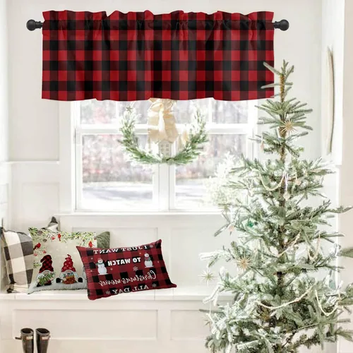 Vista 101 de Cenefa de cortina con lazo rojo de Navidad para ventanas, sala de estar, cocina, baño, granja, bolas de Navidad de acuarela con diseño de bayas