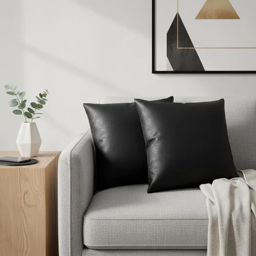 Vista 2 de Juego de 2 fundas de almohada modernas de piel sintética negra de 18 x 18 pulgadas, fundas decorativas de doble cara para sala de estar, sofá
