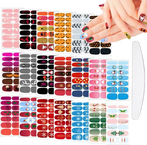 Vista 7 de 16 hojas de tiras de esmalte de uñas de Navidad, autoadhesivas, luces de árbol de Navidad, copo de nieve, muñeco de nieve, calcomanías de uñas