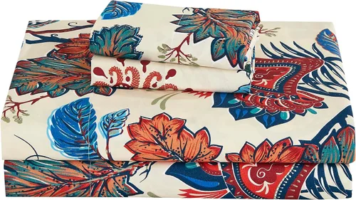 Vista 2 de Chezmoi Collection Paradise - Juego de sábanas florales de 3 piezas, multicolor, azul, rojo, naranja, crema, de microfibra con bolsillo profundo