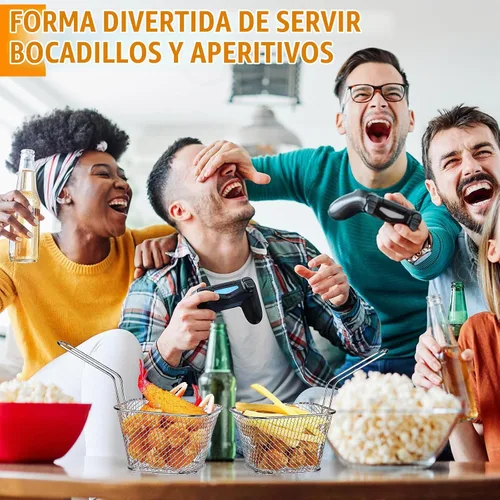 Vista 5 de Maxdot 60 unidades, mini cesta cuadrada para papas fritas con asa cromada, soporte para papas fritas, cesta de presentación de alimentos