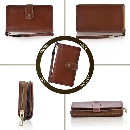 Vista 5 de Cartera de pulsera para mujer, gran capacidad con correa para la muñeca, piel auténtica, embrague triple RFID, bolso de mano marrón, Marrón