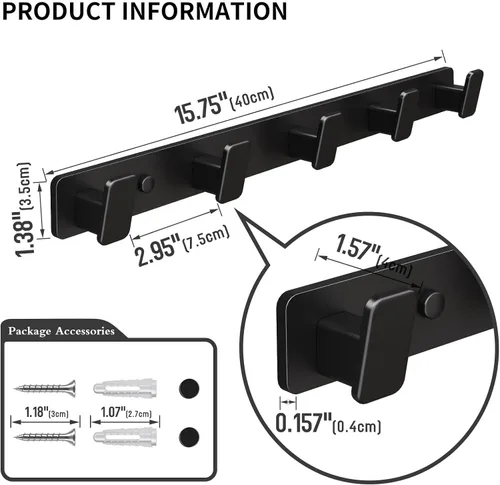 Vista 2 de Perchero de Pared Negro con Ganchos de Pared para Colgar, Ganchos de Puerta Resistente con 5 Ganchos, Soporte para Llaves para Pared, Perchero