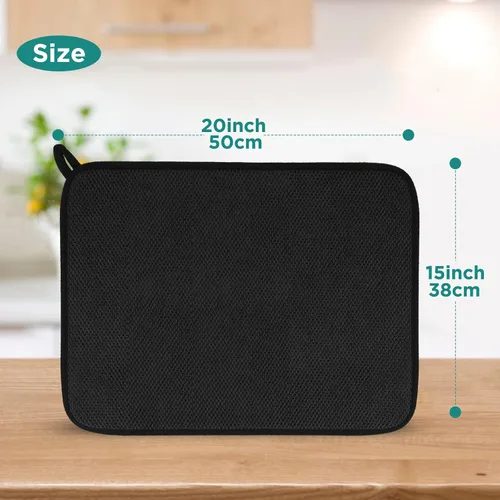 Vista 2 de Tapete de microfibra para secar platos, almohadilla de secado de platos de cocina súper absorbente, reversible para encimera, 15 x 20 pulgadas, Negro