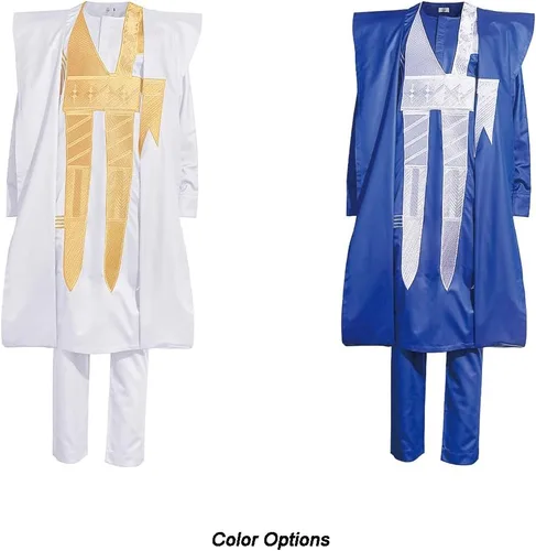 Vista 5 de HD Ropa africana tradicional para hombres Nigeriano Agbada Bordado Bazin Boubou Outfit