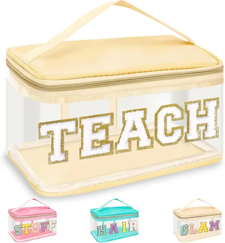 Vista 16 de izuzta Bolsas de maquillaje transparentes con letras de chenilla, bolsa de maquillaje de parche preppy con asa