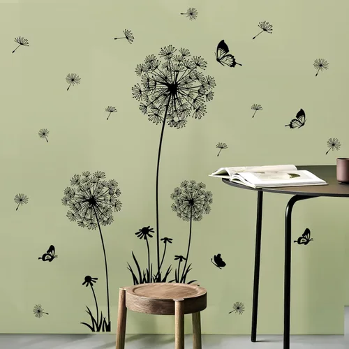 Vista 3 de 2 hojas de calcomanías de pared de flores silvestres de diente de león, calcomanías de arte para pared, despegar y pegar, mariposas florales