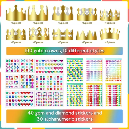 Vista 2 de Juego de 50 coronas de papel dorado a granel para niños, kit de manualidades de corona de princesa DIY Paper Crowns to Decorate, with 28 Sheet Gem